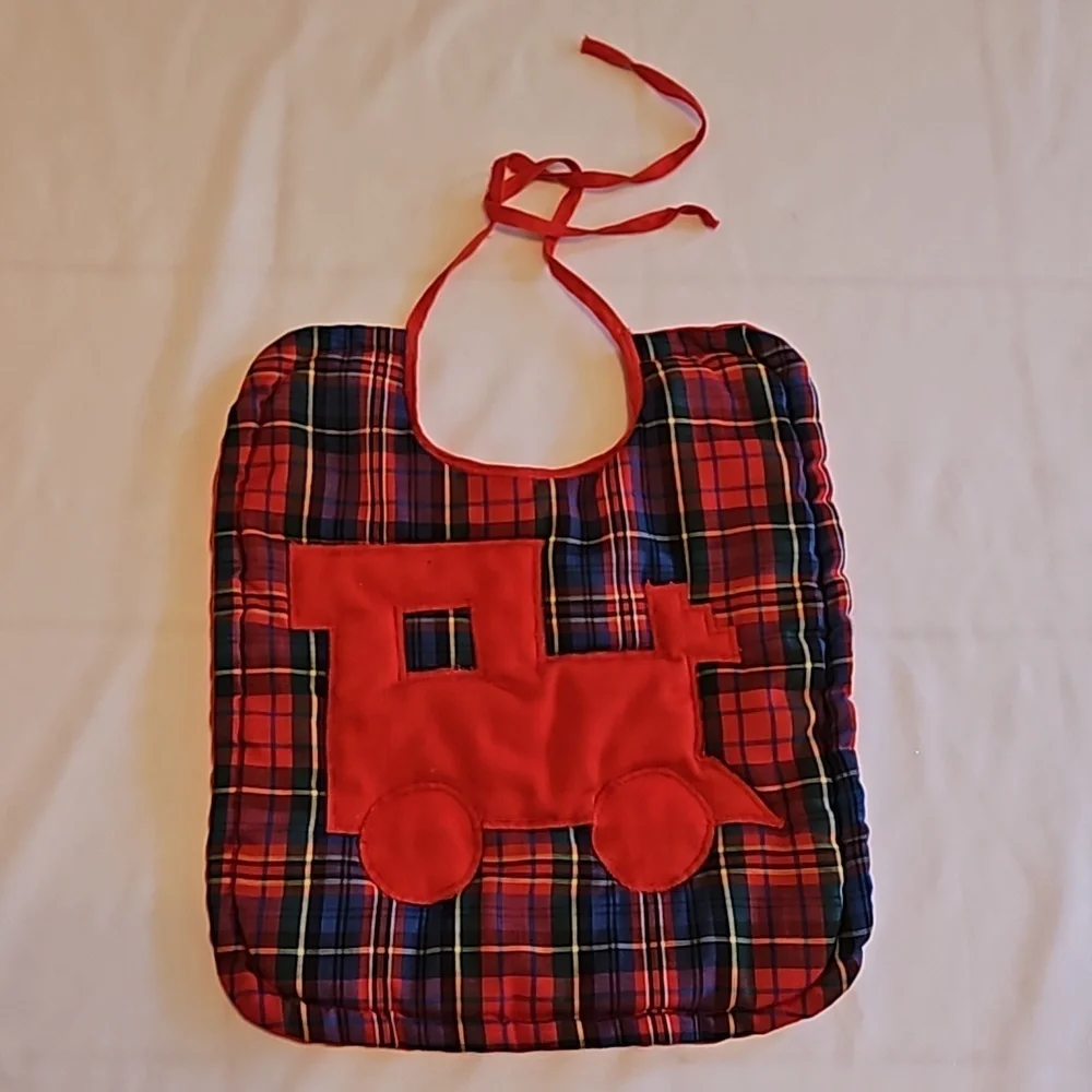 Hand Crafted upcycled bids 2pc-Set double-sided train plaid quilted embroidered